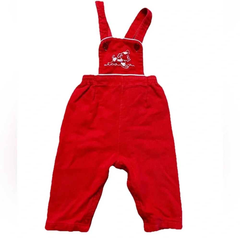 Carter’s Girls red ribbed overalls puppy stitching cotton‎ medium (15-22lbs) VTG